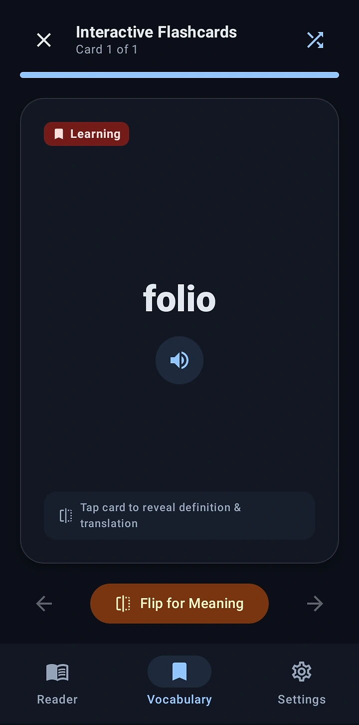 Folio Reader interactive flashcards screen