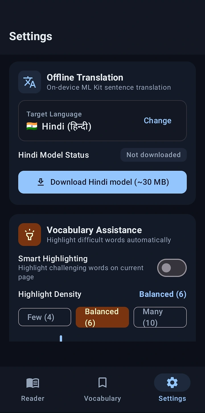Folio Reader settings showing offline translation and vocabulary assistance