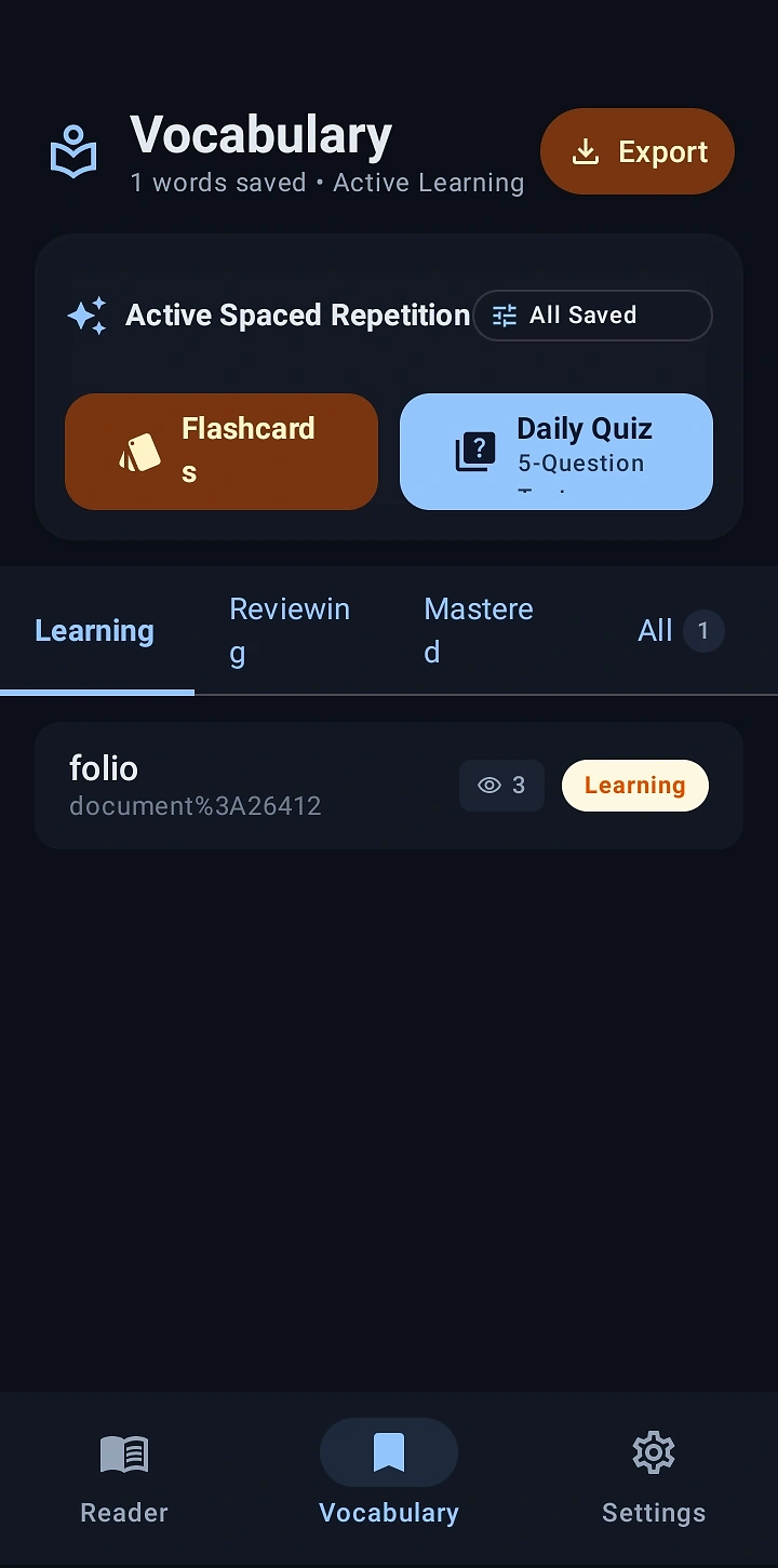 Folio Reader vocabulary screen with active spaced repetition